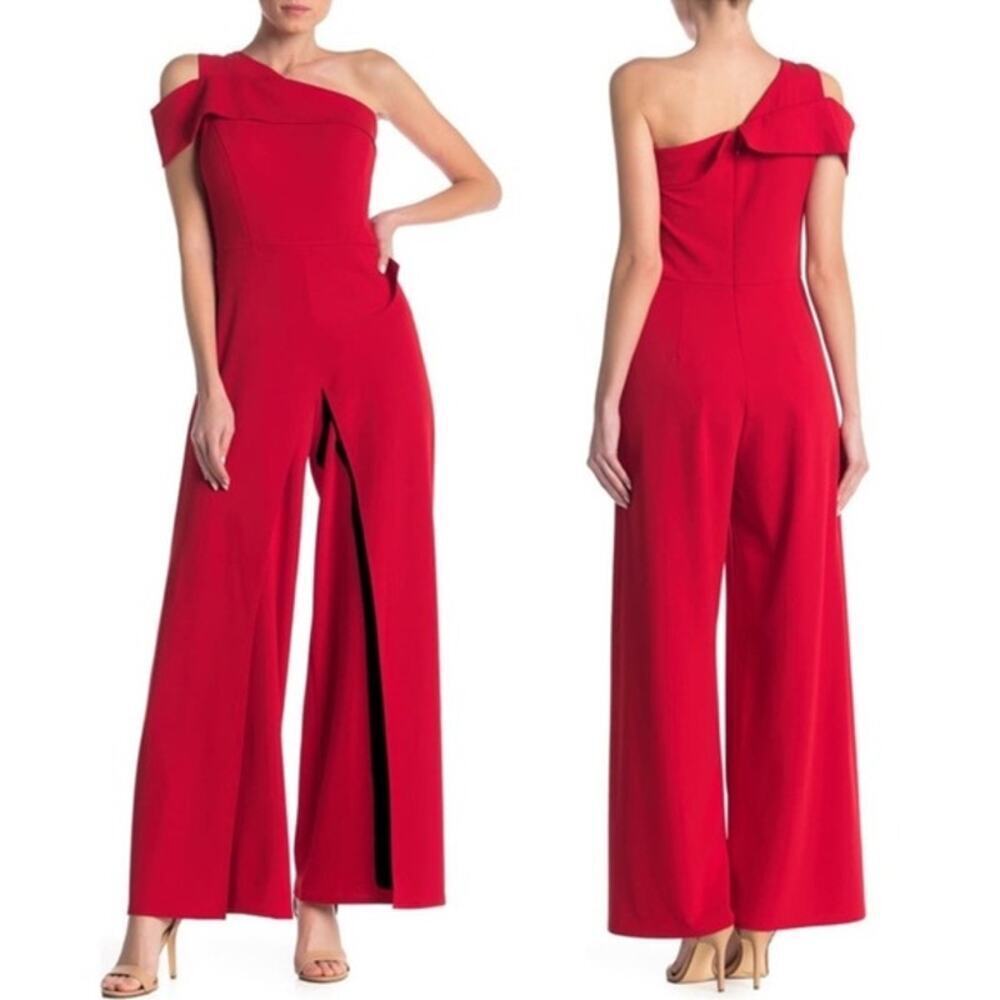 Marina One-Shoulder Cascading Ruffle Jumpsuit Red Size 4